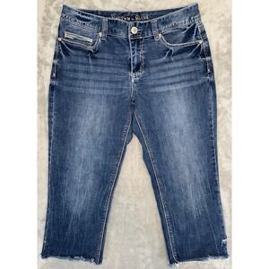 Rhythm In Blues Cutoff Capri Jeans Sz 10 Mid Rise Stretch Med Wash Thick Stitch